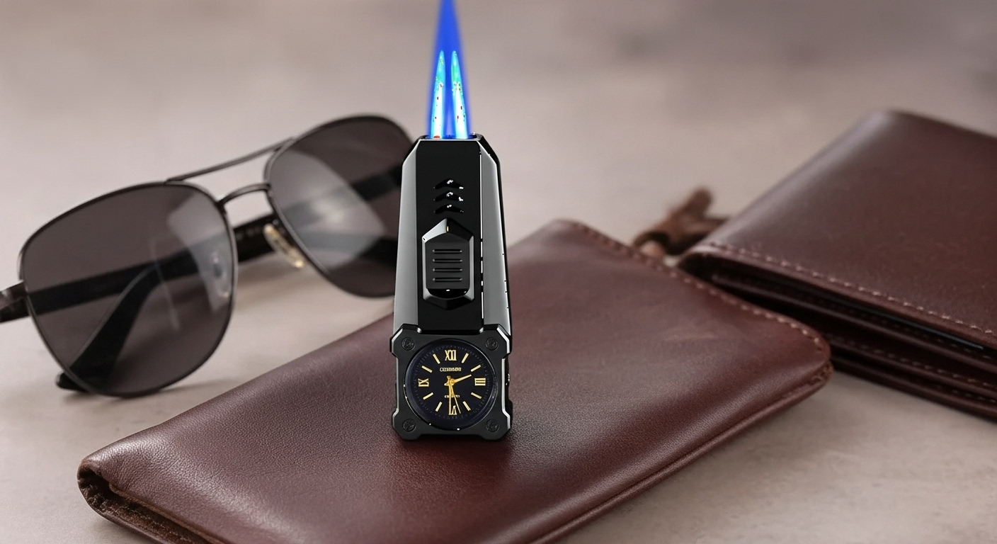 MOUNT WOLF Double Jet Flame Refillable Cigarette Lighter Gas Lighter With Analog Clock Steel Gas Lighter