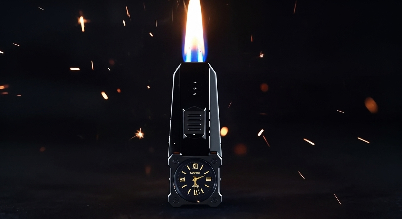 MOUNT WOLF Double Jet Flame Refillable Cigarette Lighter Gas Lighter With Analog Clock Steel Gas Lighter