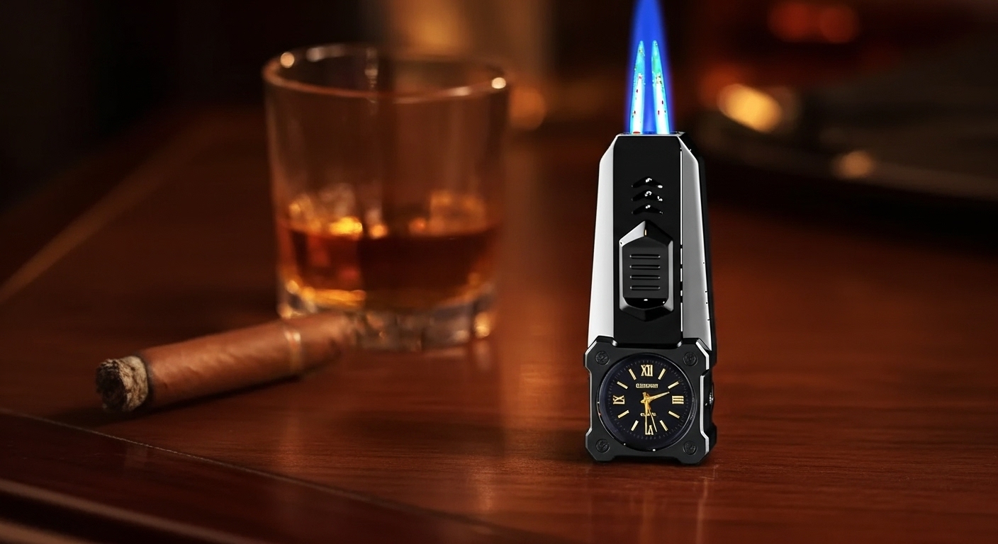 MOUNT WOLF Double Jet Flame Refillable Cigarette Lighter Gas Lighter With Analog Clock Steel Gas Lighter