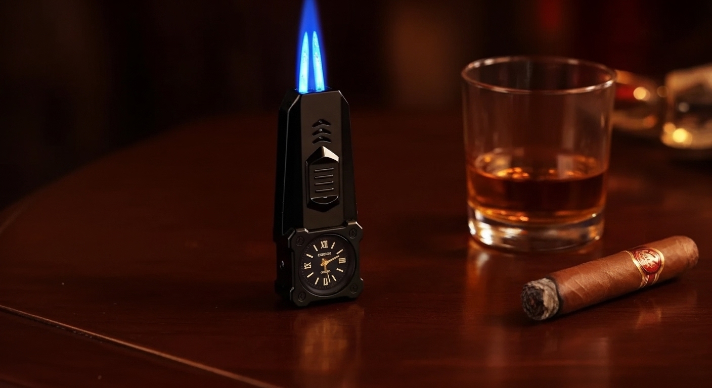 MOUNT WOLF Double Jet Flame Refillable Cigarette Lighter Gas Lighter With Analog Clock Steel Gas Lighter