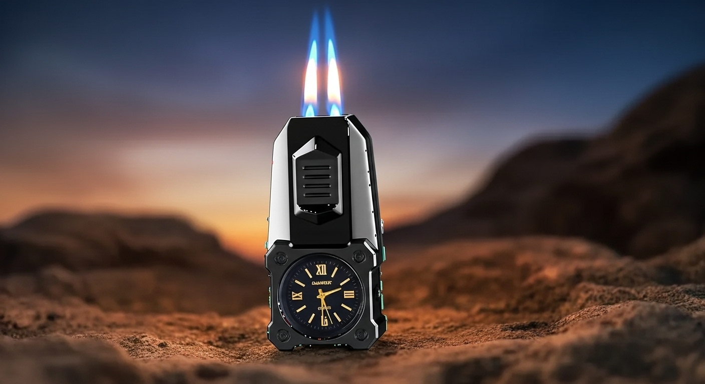 MOUNT WOLF Double Jet Flame Refillable Cigarette Lighter Gas Lighter With Analog Clock Steel Gas Lighter
