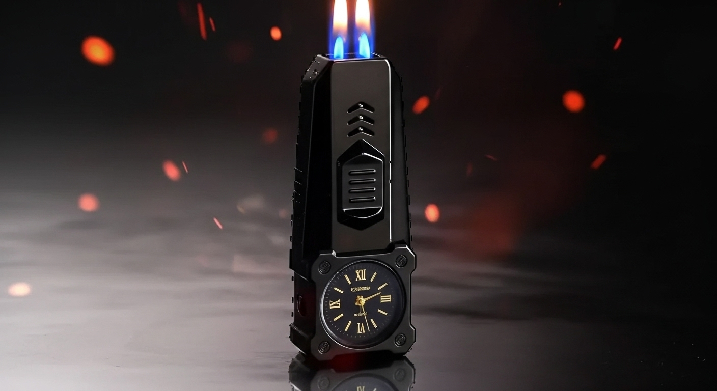 MOUNT WOLF Double Jet Flame Refillable Cigarette Lighter Gas Lighter With Analog Clock Steel Gas Lighter