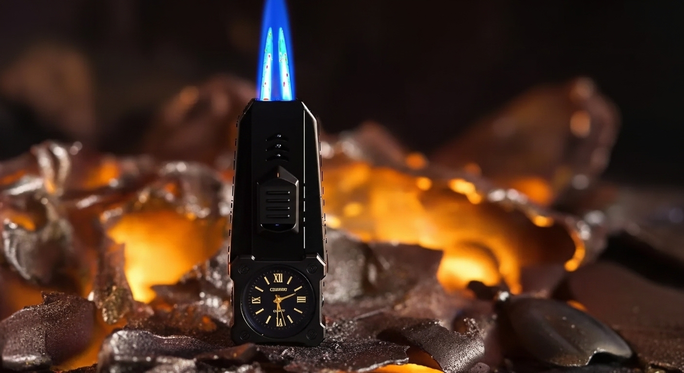 MOUNT WOLF Double Jet Flame Refillable Cigarette Lighter Gas Lighter With Analog Clock Steel Gas Lighter