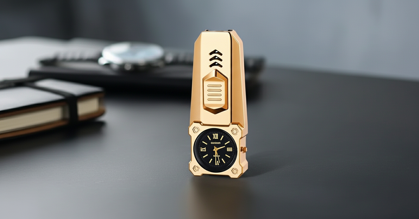 Double Jet Flame Refillable Cigarette Lighter Gas Lighter With Analog Clock Steel Gas Lighter
