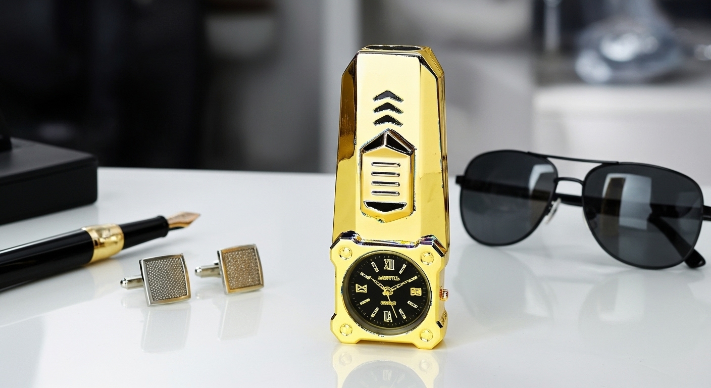 Double Jet Flame Refillable Cigarette Lighter Gas Lighter With Analog Clock Steel Gas Lighter