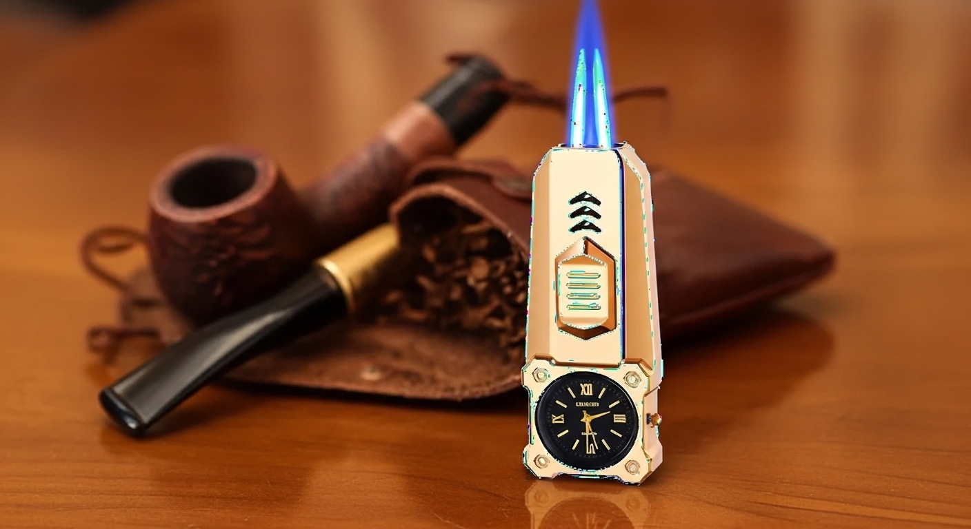 Double Jet Flame Refillable Cigarette Lighter Gas Lighter With Analog Clock Steel Gas Lighter