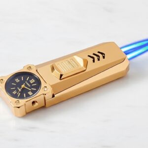 Double Jet Flame Refillable Cigarette Lighter Gas Lighter With Analog Clock Steel Gas Lighter